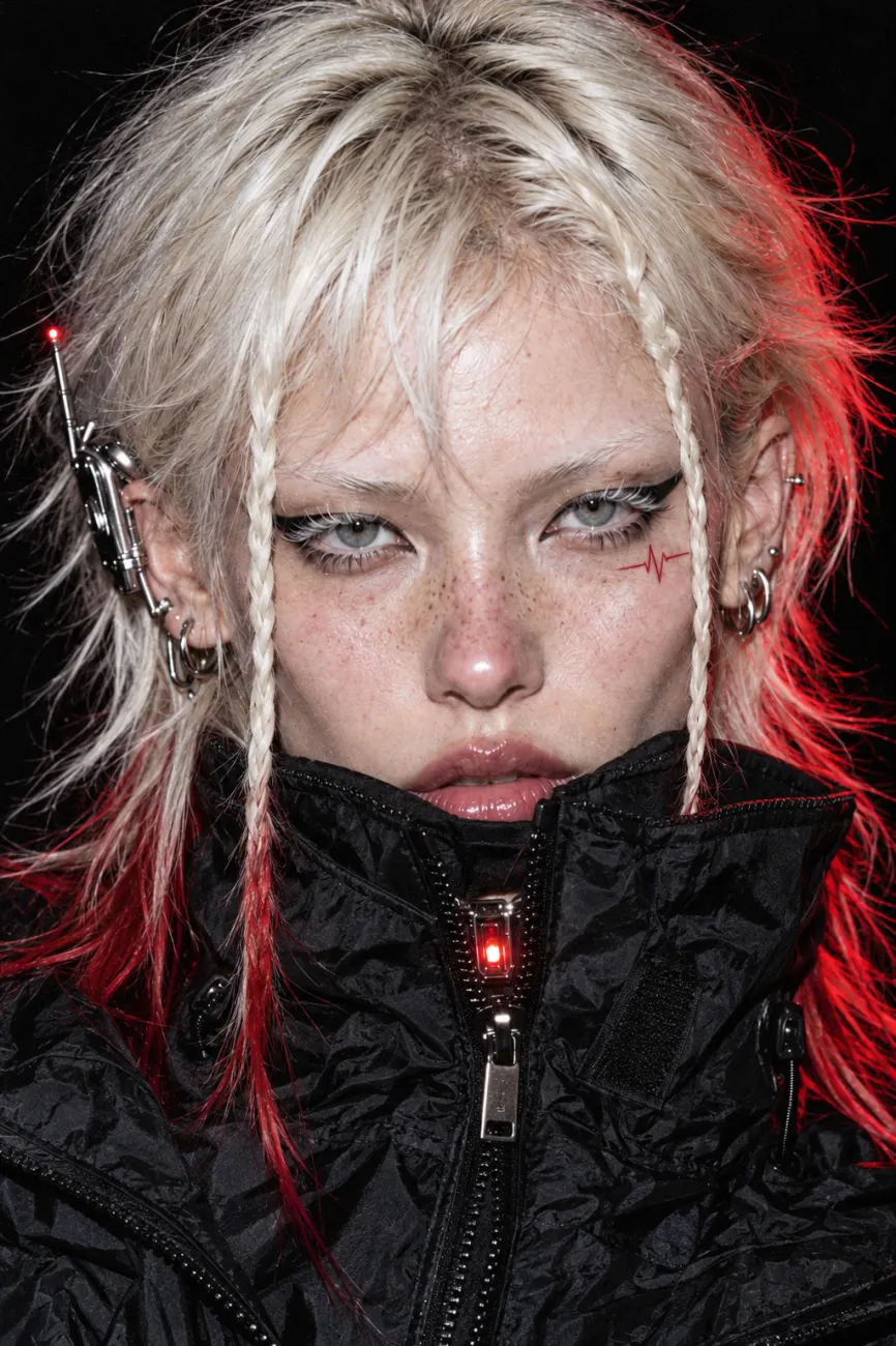 Cold stare over a zipped black collar