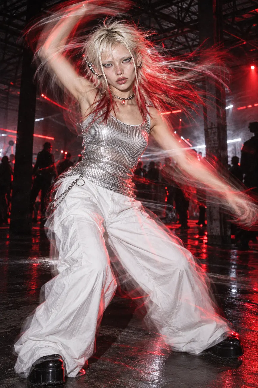 Dancing in a warehouse rave with motion trails