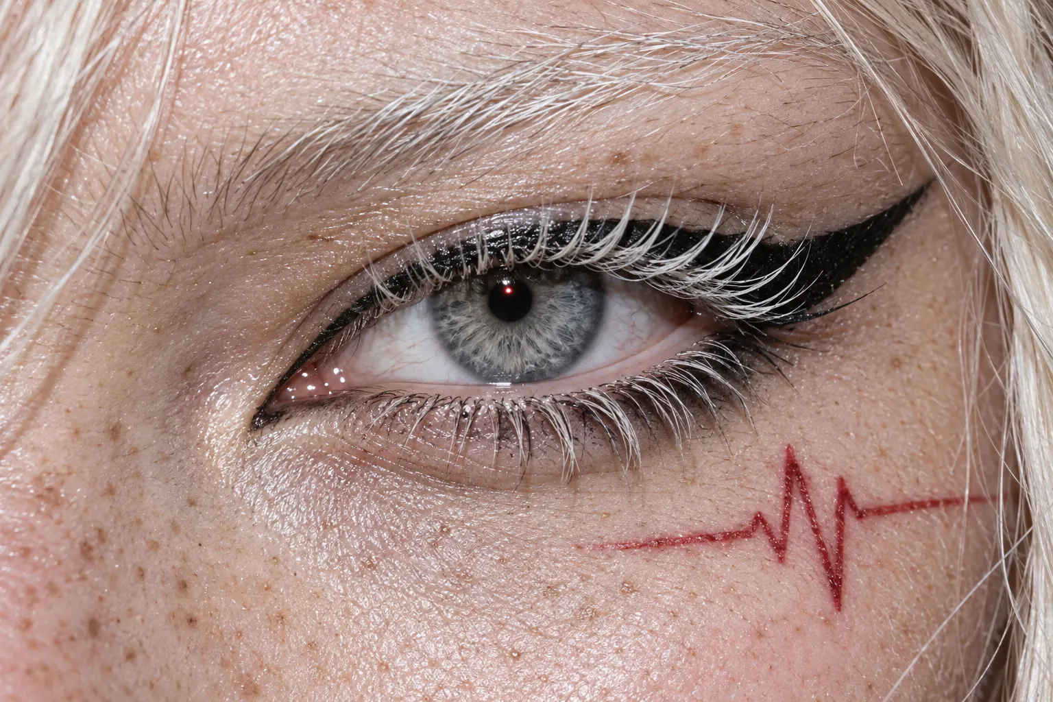 Macro of her silver-grey eye with a red heartbeat tattoo