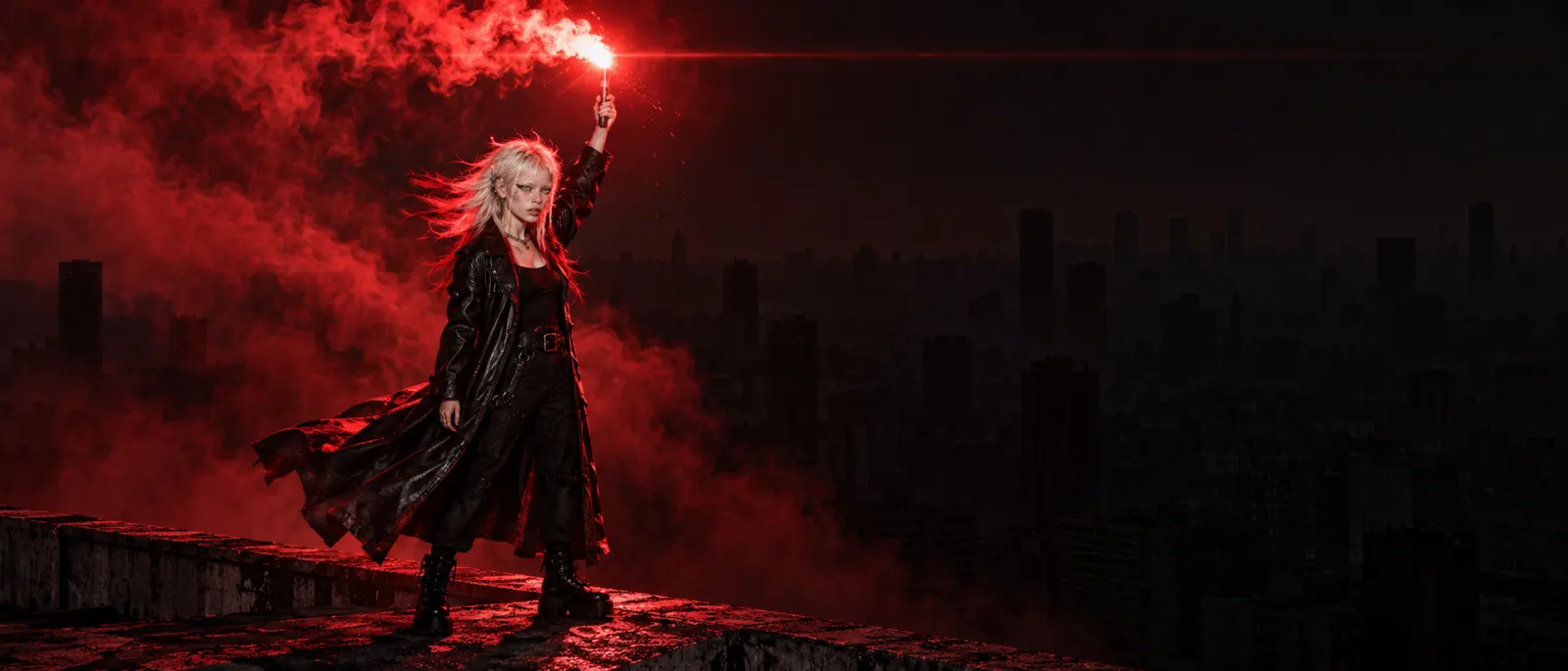 Holding a red flare on a rooftop above a dark city