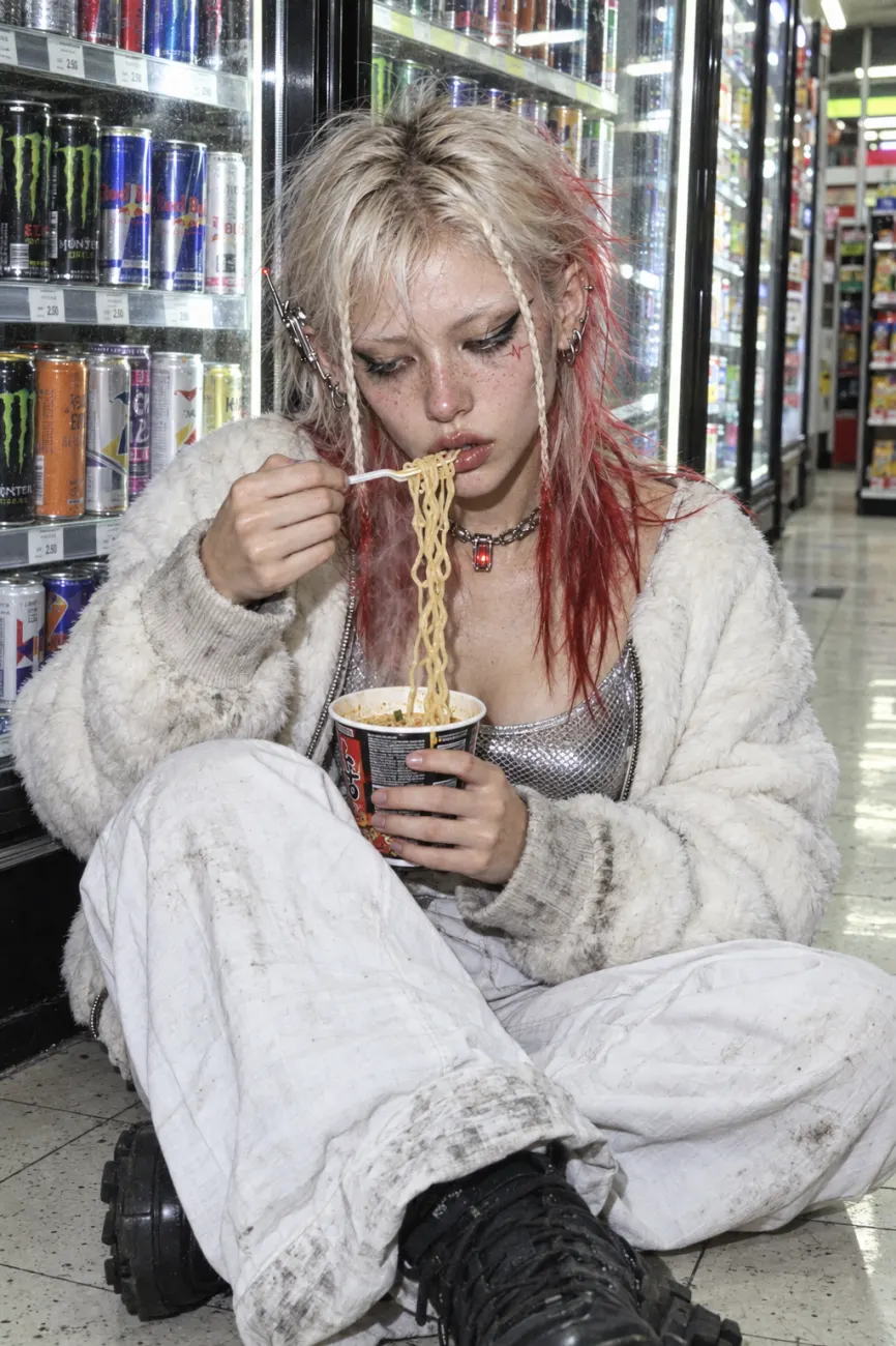 Eating noodles on the floor of a 24-hour store