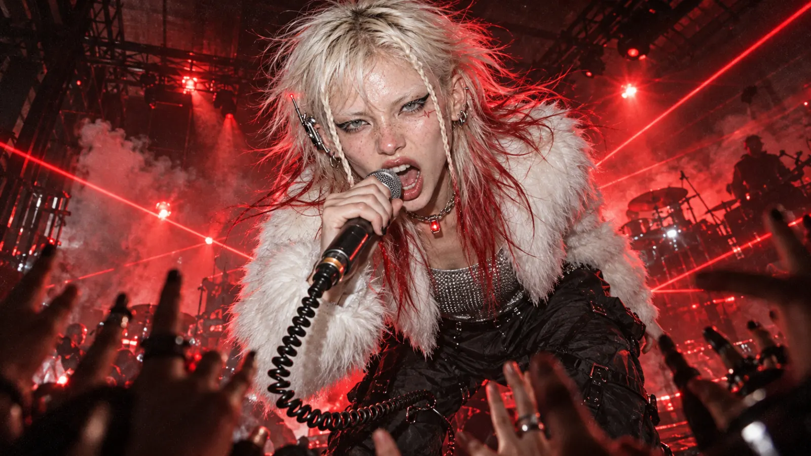 Leaning over the crowd with a microphone under red lasers